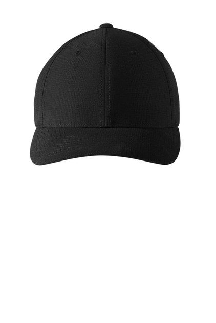 A black snapback cap featuring a structured design and a branding logo on the front.