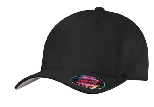 A black cotton twill cap with a curved visor and a fitted design, featuring a logo on the side.