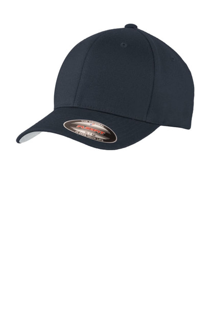 A navy wool blend cap with a curved brim and a logo on the front.