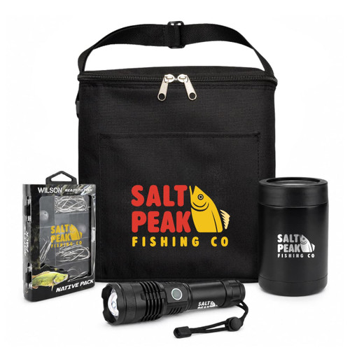 A black tote bag containing a flashlight, a drink bottle, and a fishing accessories pack, featuring branding.