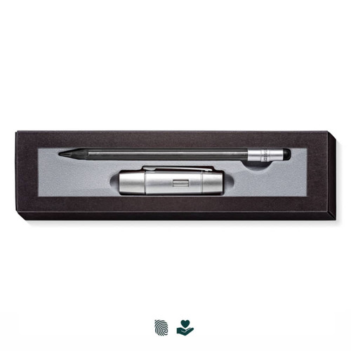 A pencil set featuring two items in a sleek black box, with a silver design. Includes a pen and a stylus.