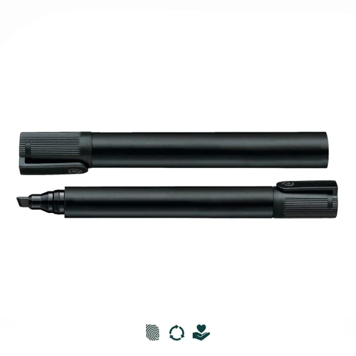A black Staedtler Lumocolor permanent marker with a chisel tip, featuring a textured grip and a branding logo.