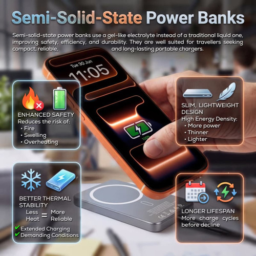 Apex Semi-Solid-State 22.5W MagSafe wireless power bank in orange and black, featuring a slim, lightweight design.