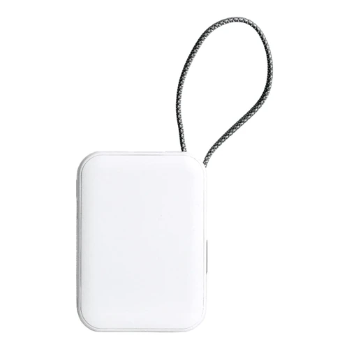 A white power bank with a textured cord, featuring a sleek design and a branding logo.