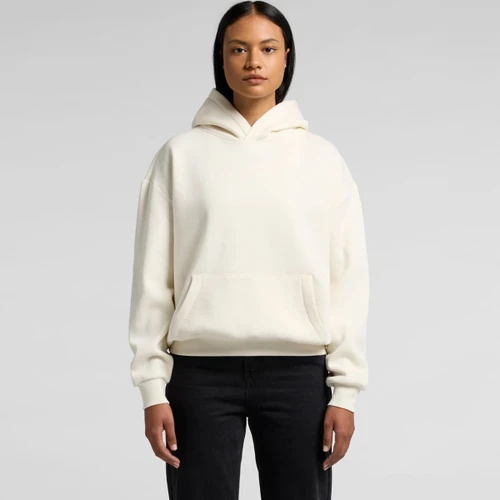 A cream-coloured hoodie with a kangaroo pocket and a hood, featuring a logo on the front.