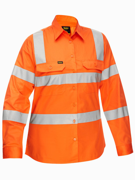 Bisley Workwear Rail Orange Women's Taped Biomotion Cool Lightweight Hi Vis Shirt