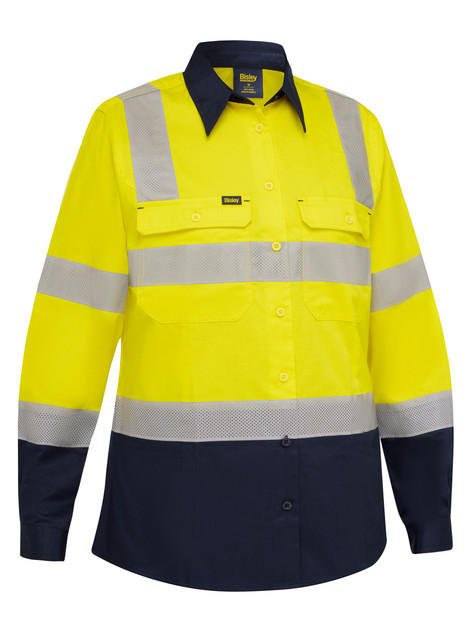 Bisley Workwear Yellow/Navy Women's Taped Biomotion Hi Vis Cool Lightweight Vented Shirt