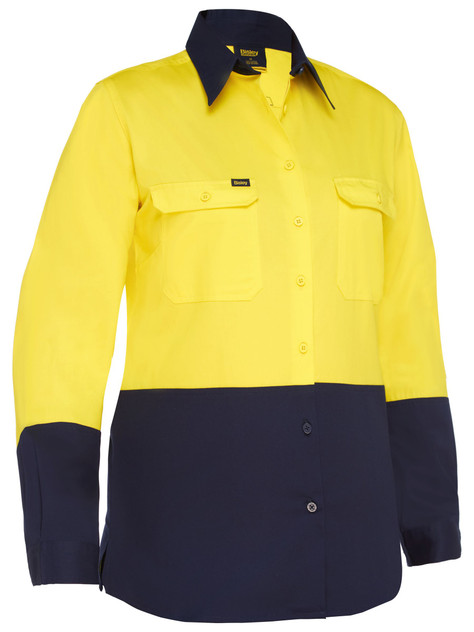Bisley Workwear Yellow/Navy Women's Cool Lightweight Hi Vis Drill Shirt