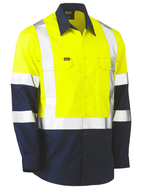 Bisley Workwear Yellow/Navy X Taped Biomotion Two Tone Hi Vis Lightweight Drill Shirt