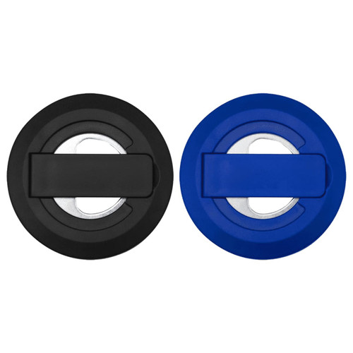 A black and blue recycled plastic magnetic phone stand featuring a built-in bottle opener with a branding logo.