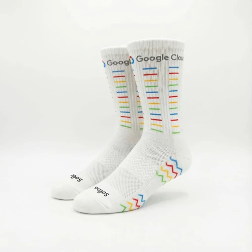 Custom branded cycling socks in white with multicoloured stripes and a branded logo on the side.