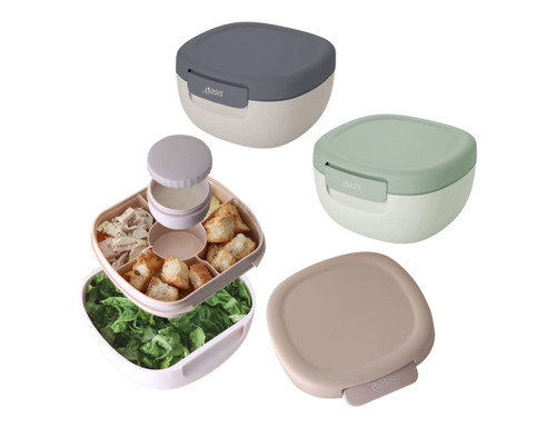A set of four salad bowls in varying colours, featuring a compartmentalised design and a lid with a logo.