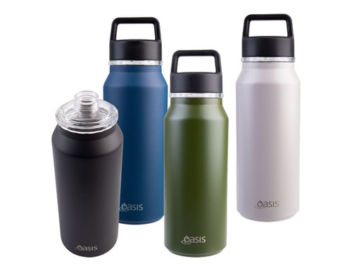 A drink bottle collection featuring a black, blue, olive green, and white insulated design, each with a chug spout.