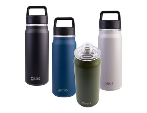 A drink bottle collection featuring black, blue, olive green, and white finishes, with a chug spout and a logo.