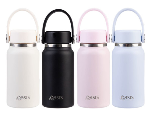 A drink bottle set featuring four insulated mini bottles in white, black, pink, and light blue, each with a handle and a logo.