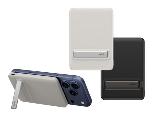 A slim power bank in beige and black, featuring a stand and branding, designed for wireless charging.