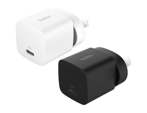 A wall charger set in white and black, featuring a USB-C port and a branding logo.
