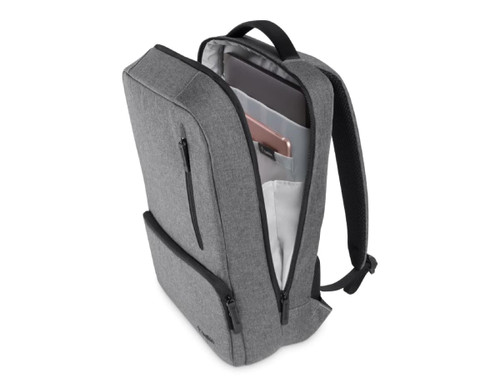 A grey backpack with a sleek design, featuring multiple compartments and a logo. Interior pockets hold devices.