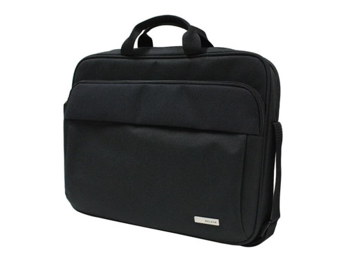 A black laptop bag with dual handles and a shoulder strap, featuring a front pocket and branding.