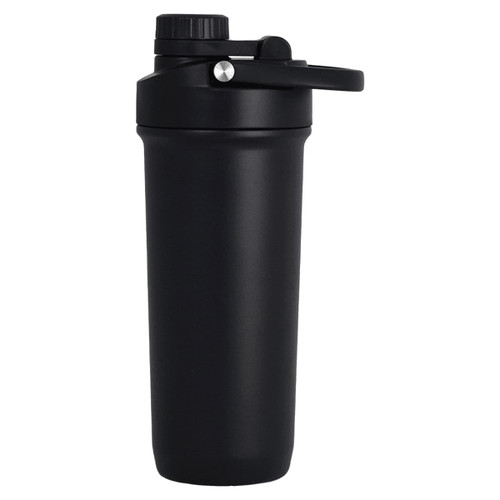 A drink bottle in matte black with a secure lid and a built-in shaker mechanism, featuring a logo.