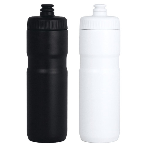 A drink bottle set featuring one black and one white 750ml bottle, both with screw-on lids and logos.