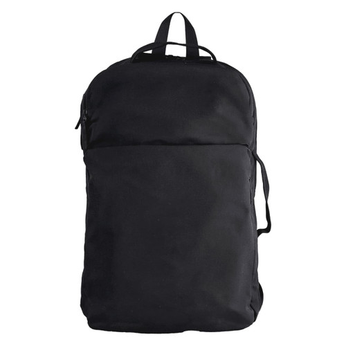 A black backpack with a zippered front pocket and two side straps. It features a top handle and a minimalist design.