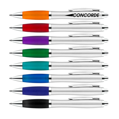 A collection of metal pens in various colours, including orange, red, purple, green, blue, and black, with branding.