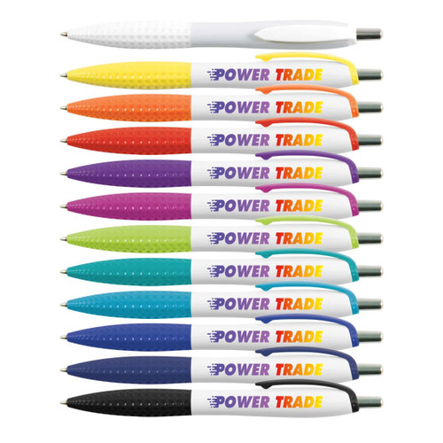 A collection of Mac Pens in various colors, featuring a textured grip and the brand name "POWER TRADE" printed on them.