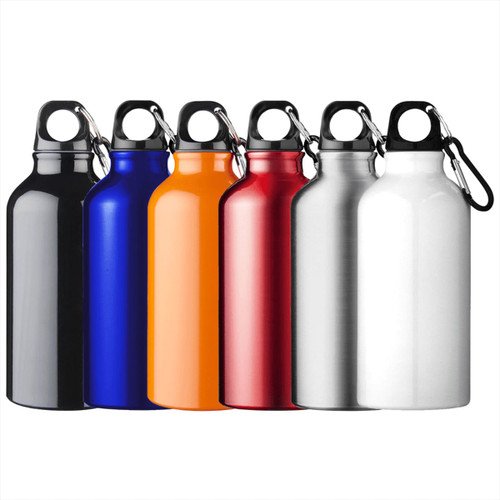 A drink bottle collection featuring black, blue, orange, red, silver, and white designs, each with a carabiner and logo.