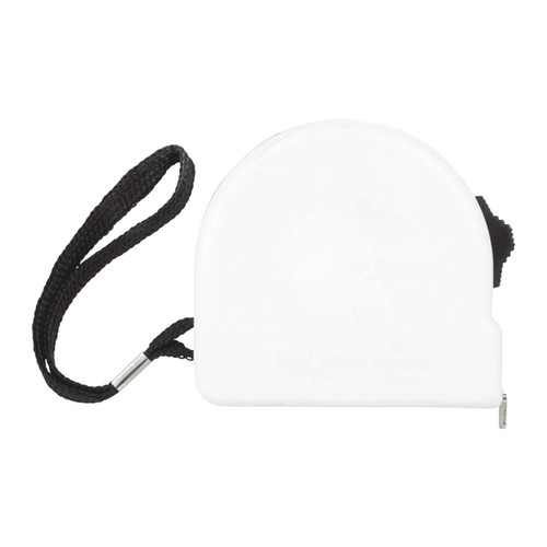 A white locking tape measure with a black strap, suitable for handy measurement tasks. It features a branding logo.