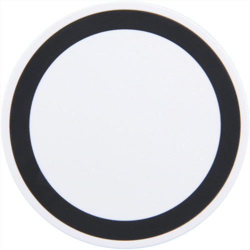 A wireless charging pad in white with a solid black border, featuring a logo.