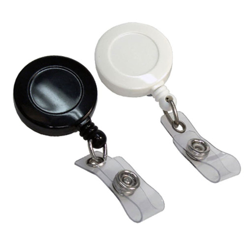 Two retractable badge holders in black and white, featuring a clear clip attachment on the back and a visible logo.