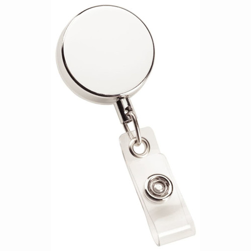 A silver metal zip pull badge holder with a clear attachment for securing badges.