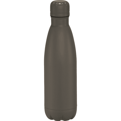 A drink bottle in a matte dark grey finish, featuring a twist cap and a logo. Holds 500ml.
