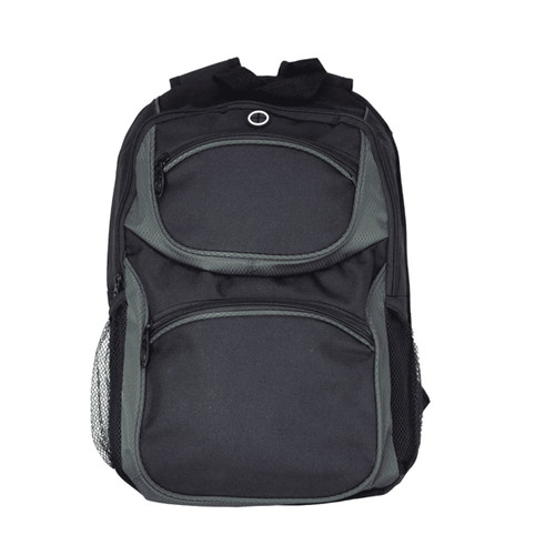 A black and grey backpack with multiple zippered pockets and mesh side pouches, featuring a logo.