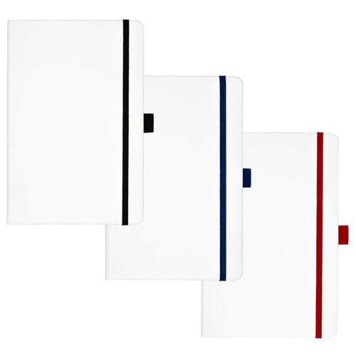 A collection of white bound journals featuring black, blue, and red accents, each with a logo.