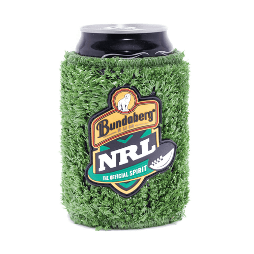 A drink bottle holder covered in green faux grass, featuring a logo and designed for cans.