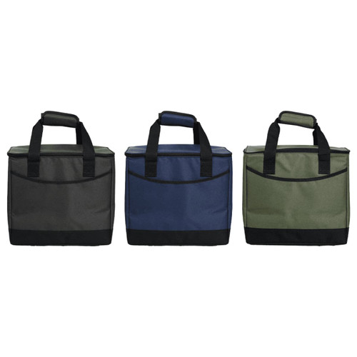 Three insulated cooler bags in black, navy blue, and olive green, featuring sturdy handles and an external pocket.