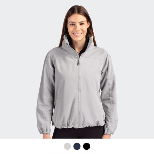 A light grey women's full zip jacket with a zip-up collar and elasticised hem, featuring a logo.