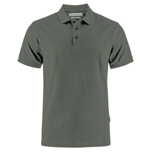 A grey men's cotton polo shirt with short sleeves, featuring a collar and buttons, and a logo on the side.