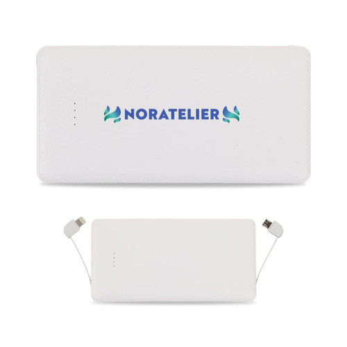 A white power bank featuring integrated charging cables and a logo on the surface.