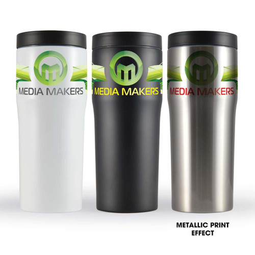 A drink bottle in three colors: white, black, and metallic silver, each with a logo on the front. A drink bottle in three colors: white, black, and metallic silver, each with a logo on the front.