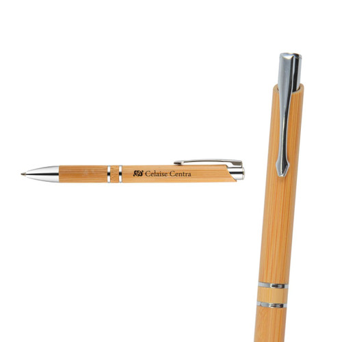 A bamboo pen featuring silver accents and a logo, showcasing a natural wood finish.