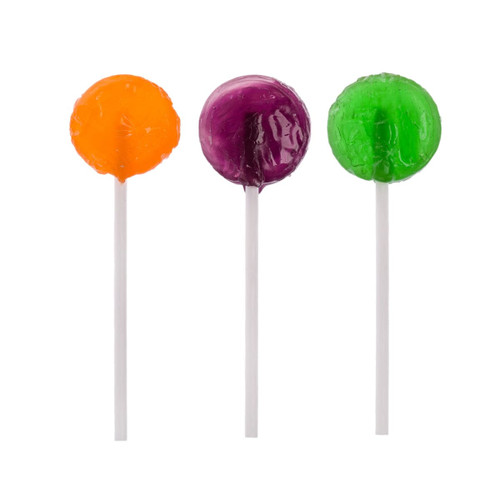 Colourful lollipops in orange, purple, and green, each on a white stick, featuring a shiny surface and round shape.