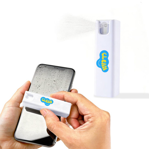 A white spray bottle for cleaning screens, being used on a smartphone, with a logo visible on the bottle.