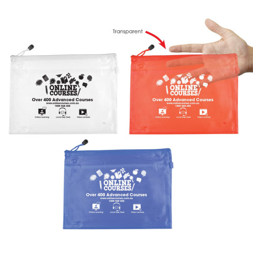 A transparent PVC pouch in white, red, and blue, featuring a logo and zip closure.