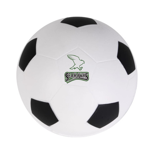 A white soccer ball stress reliever with black panels and a logo featuring a hawk and the text "Seahawks."