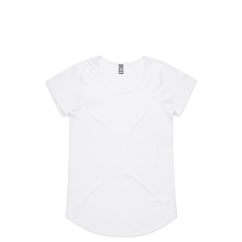 A white T-shirt with a rounded neckline and short sleeves, featuring a simple design and a tag.