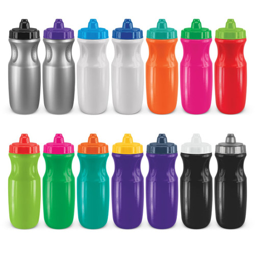 A drink bottle collection featuring various colours: silver, white, orange, pink, green, blue, purple, and black. Each bottle has a lid.