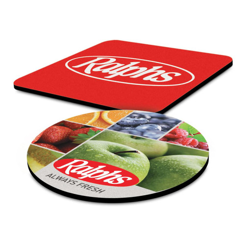 A red and circular mouse mat featuring a fruit collage design, with a logo and a smooth surface. A red and circular mouse mat featuring a fruit collage design, with a logo and a smooth surface.